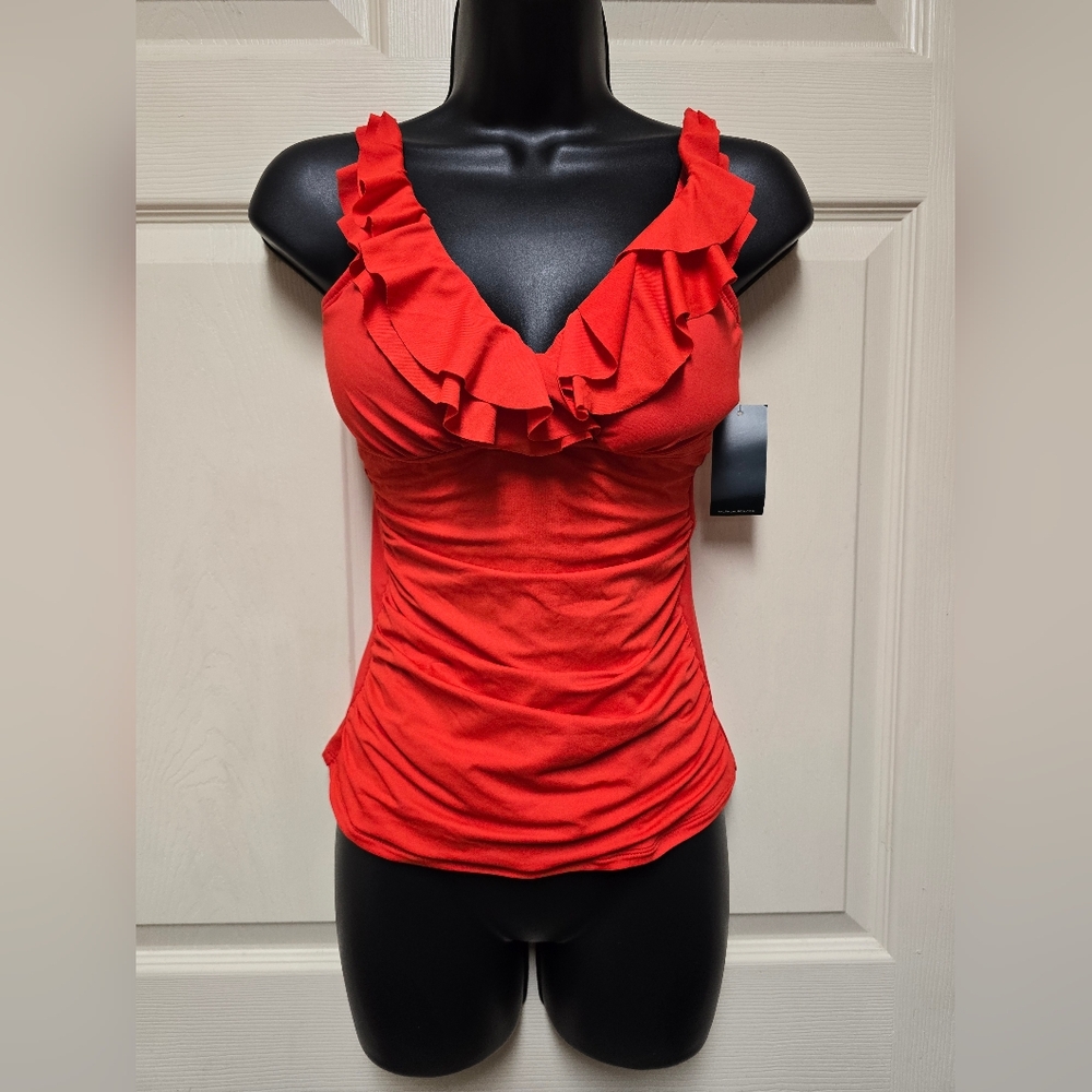 RALPH LAUREN Womens Indigo Tie Ruffled Halter Swim Tankini Top Red Size 6 11619